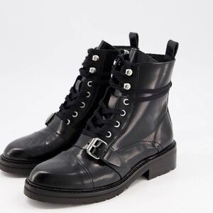 AllSaints Donita Leather Lace Up Hiking Boot With Buckle in black